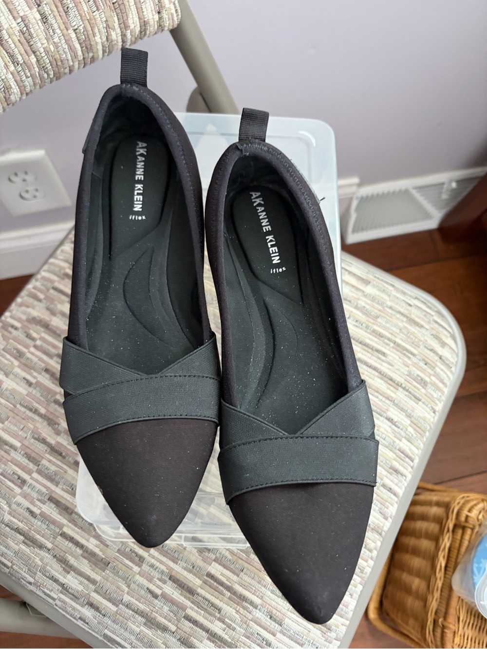Anne Klein Black Pointed-Toe Slip-On Flats with Crossover Strap